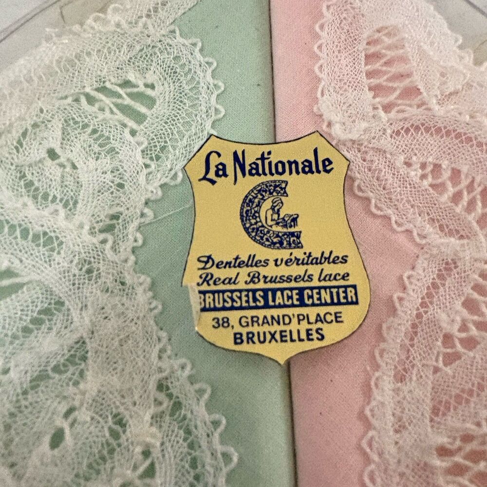 VTG La Nationale Handkerchiefs (2) NEW Boxed Pastel Pink & Green w/Lace Belgium - Picture 4 of 6